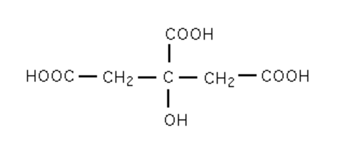 Formule semi-développée et représentation 3D de l'acide citrique.