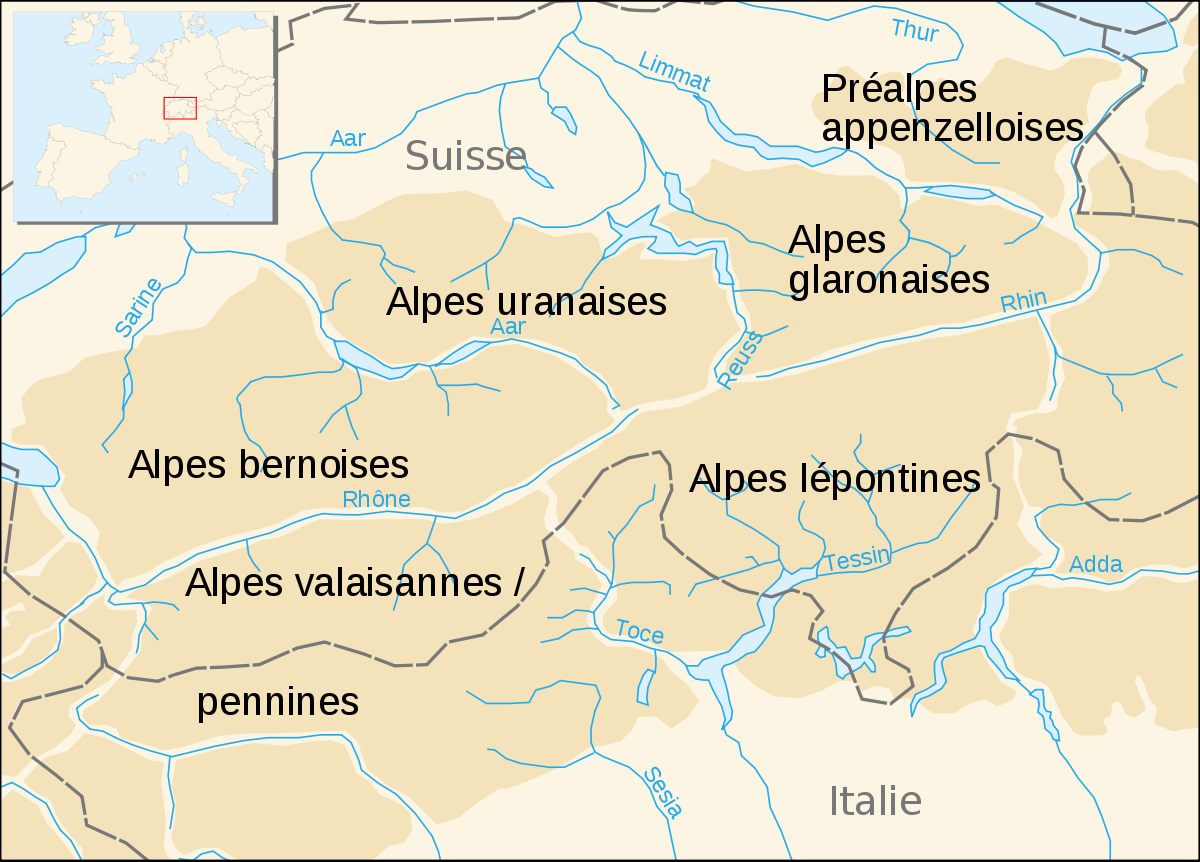 Carte de localisation des Alpes valaisannes dans les Alpes centrales.