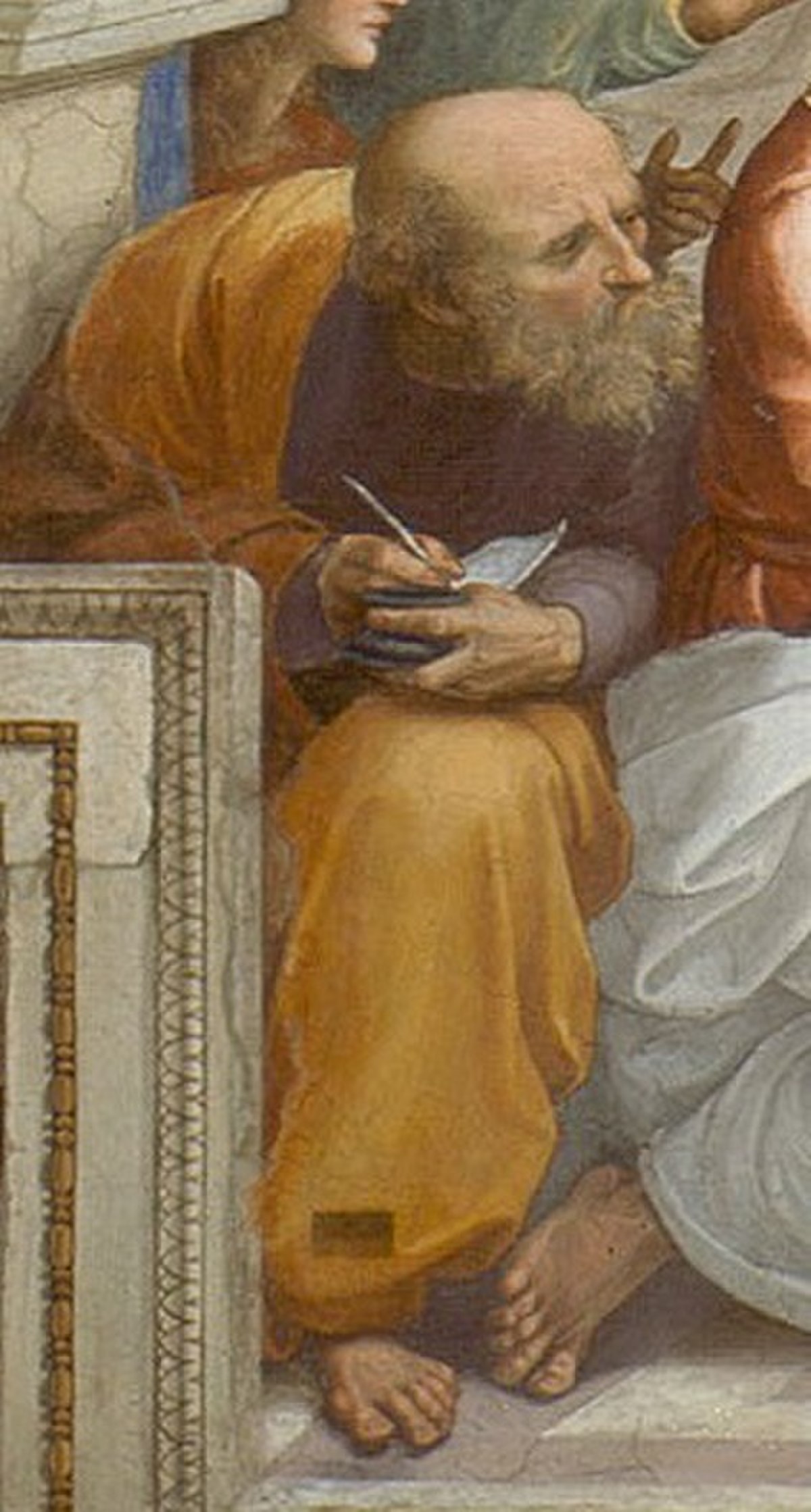 Détail de l'École d'Athènes de Raphaël, 1510-1511. Penché vers Pythagore à sa gauche, ce personnage est traditionnellement identifié à Boèce, cependant le visage présente des similitudes avec un buste d’Anaximandre et pourrait être une représentation du philosophe[1]