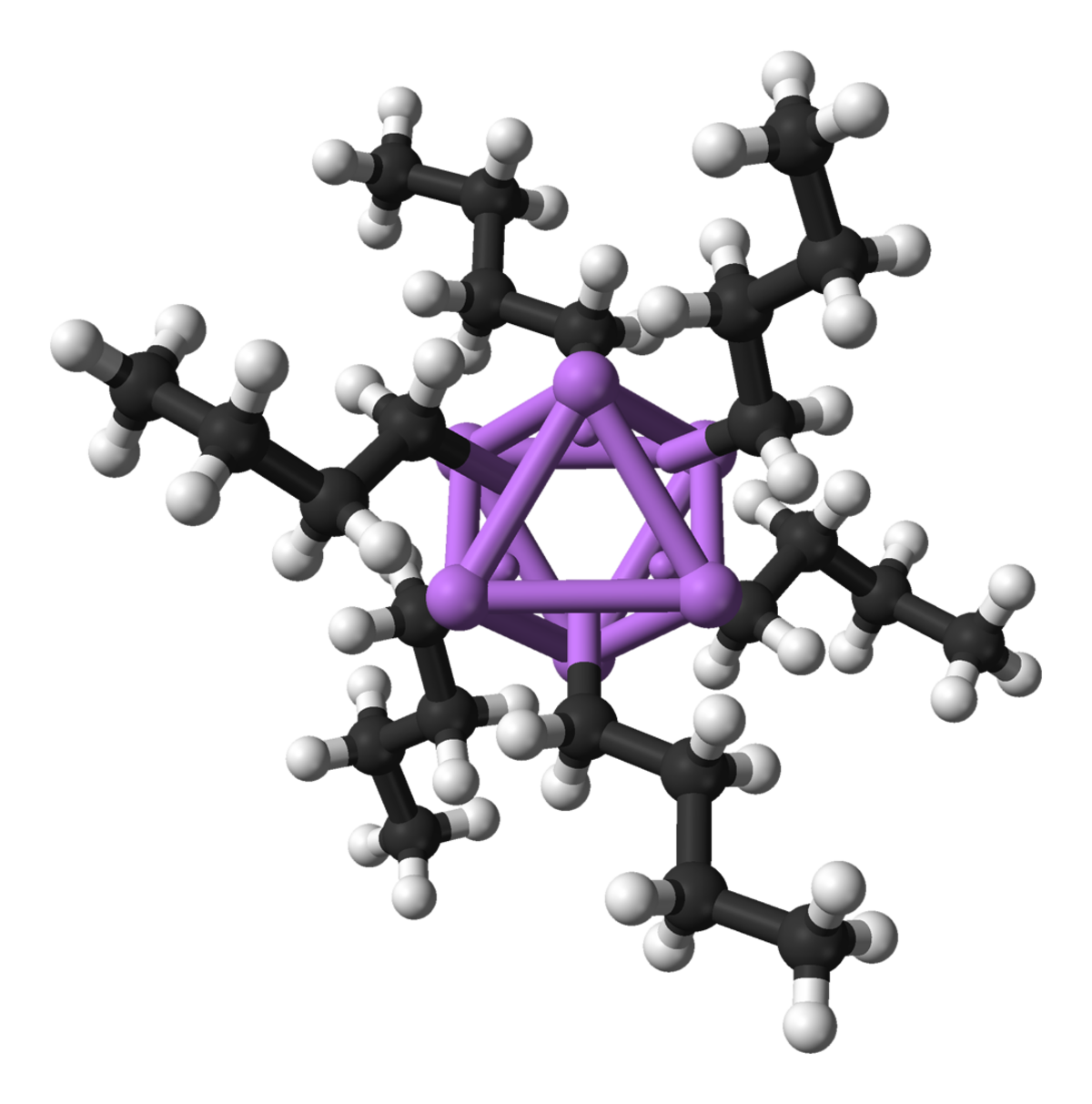 modèle 3D boules et bâtons d'un héxamère de n-butyllithium (haut) et formule plane du butyllithium (bas)