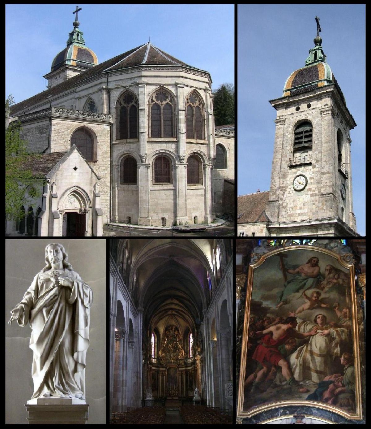 De gauche à droite et de haut en bas : le chœur liturgique, le clocher, une statue du Christ, le contre-chœur et Le Martyre de Saint-Étienne.