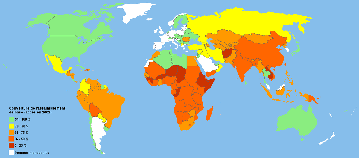 Couverture de l'assainissement de base dans le monde d'après une évaluation du WSP en 2002.