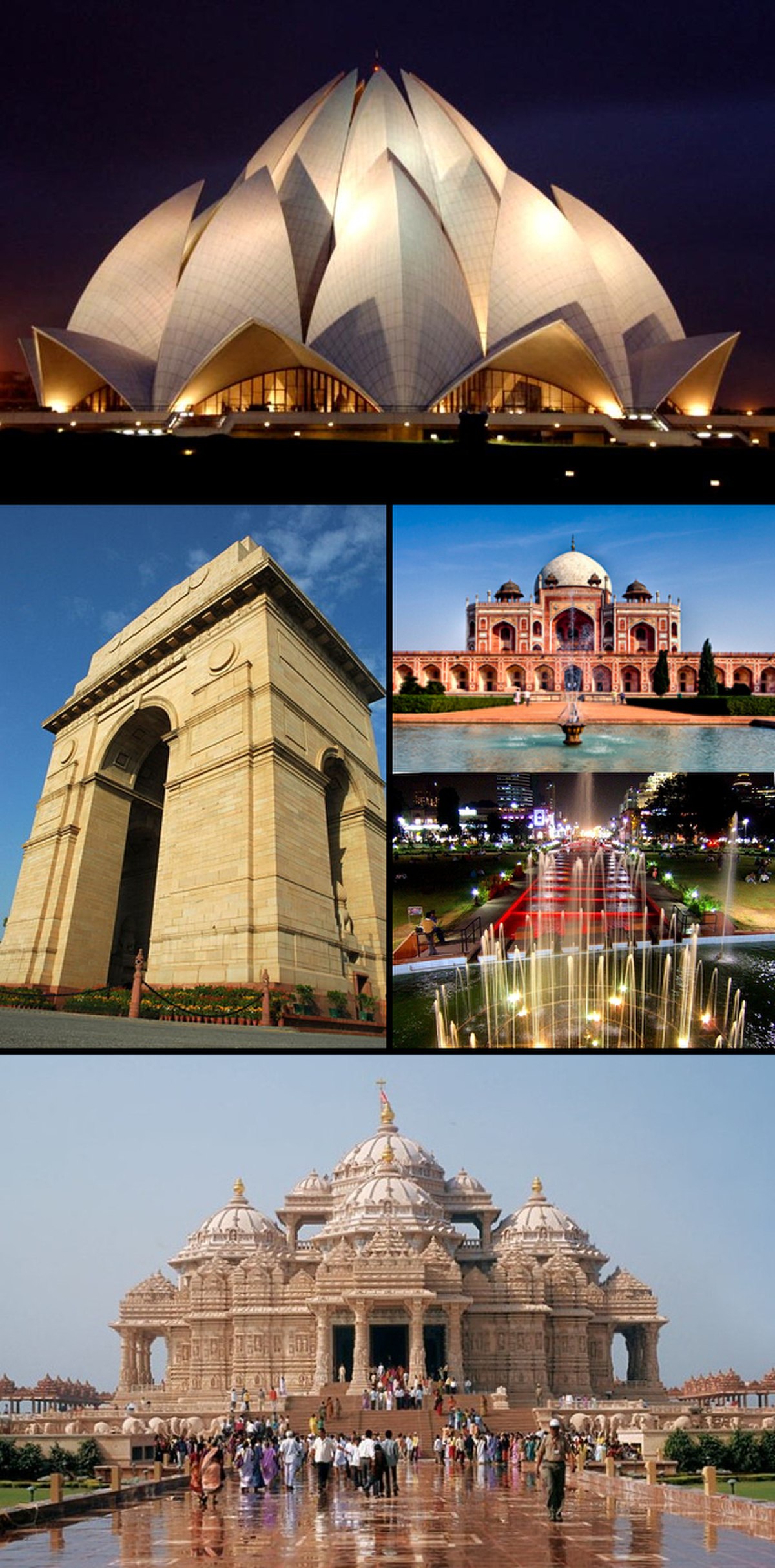 Points d'intérêt de New Delhi - De gauche à droite, depuis le haut : 1) Temple du Lotus ; 2) Porte de l'Inde ; 3) Tombe de Humayun ; 4) Connaught Place ; 5) Temple Akshardham