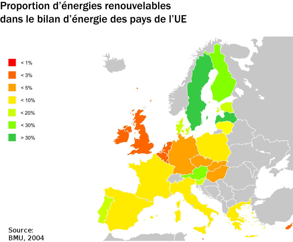Part en énergies renouvelables dans l'Union Européenne, 2004source: (en)BMU, le Ministère Allemand pour l'Environnement