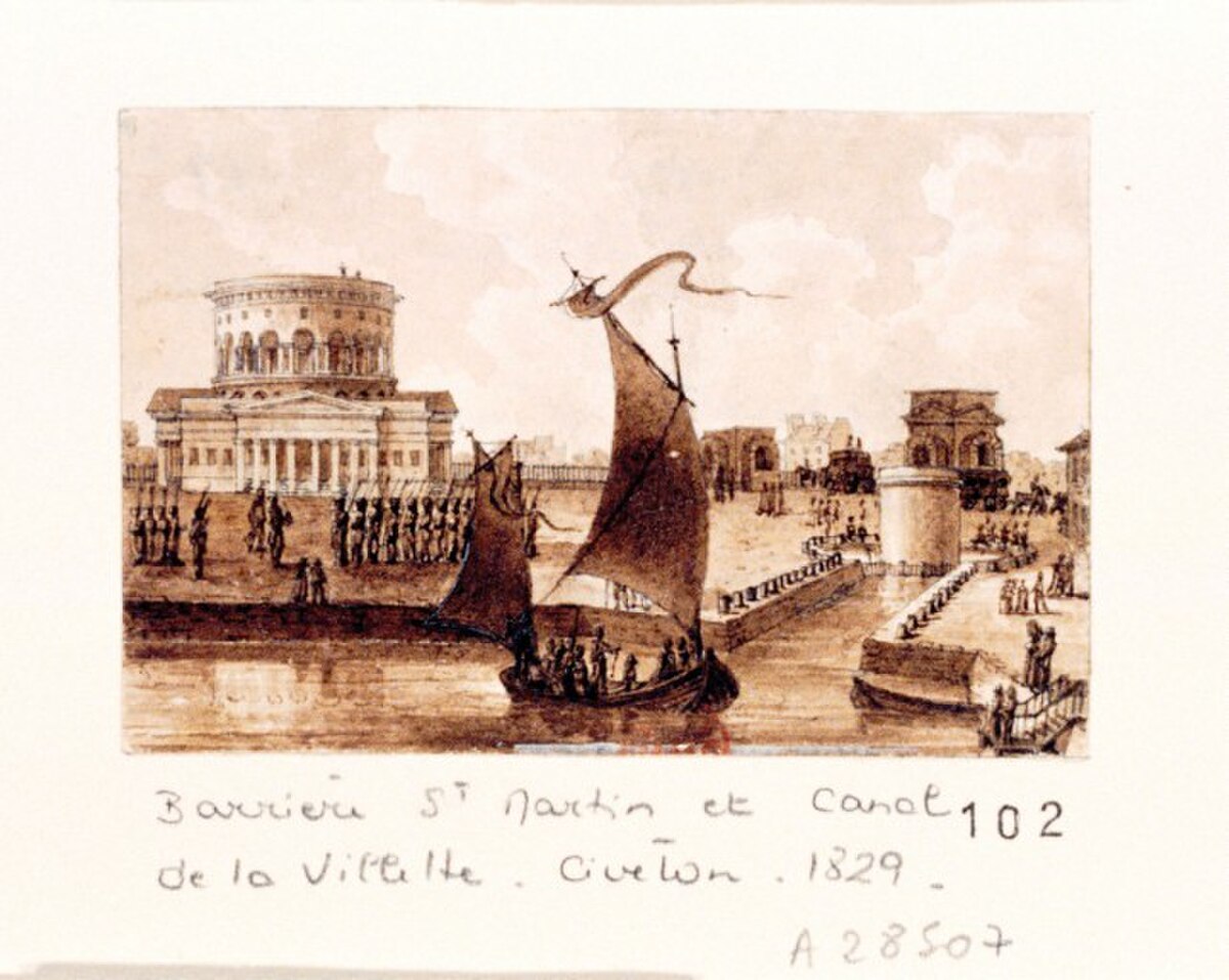 La rotonde de la Villette en 1829, par Christophe Civeton (1796-1831). À droite, la prise d'eau est celle de l'aqueduc de Ceinture (actuellement sous la rue de l'Aqueduc) ; les deux petits bâtiments annexes, dus également à Ledoux, sont ceux de la barrière de la Villette, vers la route de Flandre.