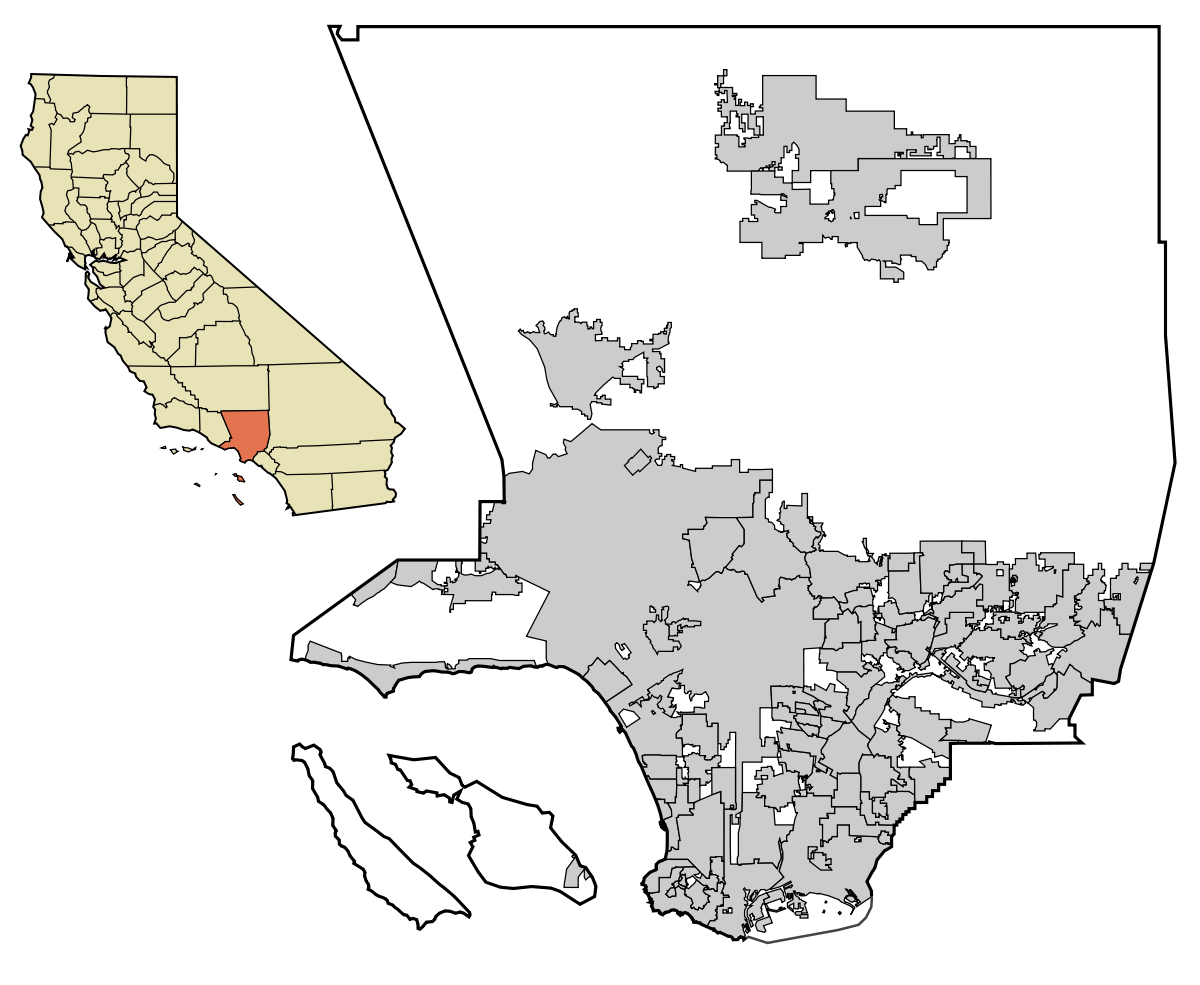 Situation du comté de Los Angeles dans l'État de Californie, et découpage municipal du comté