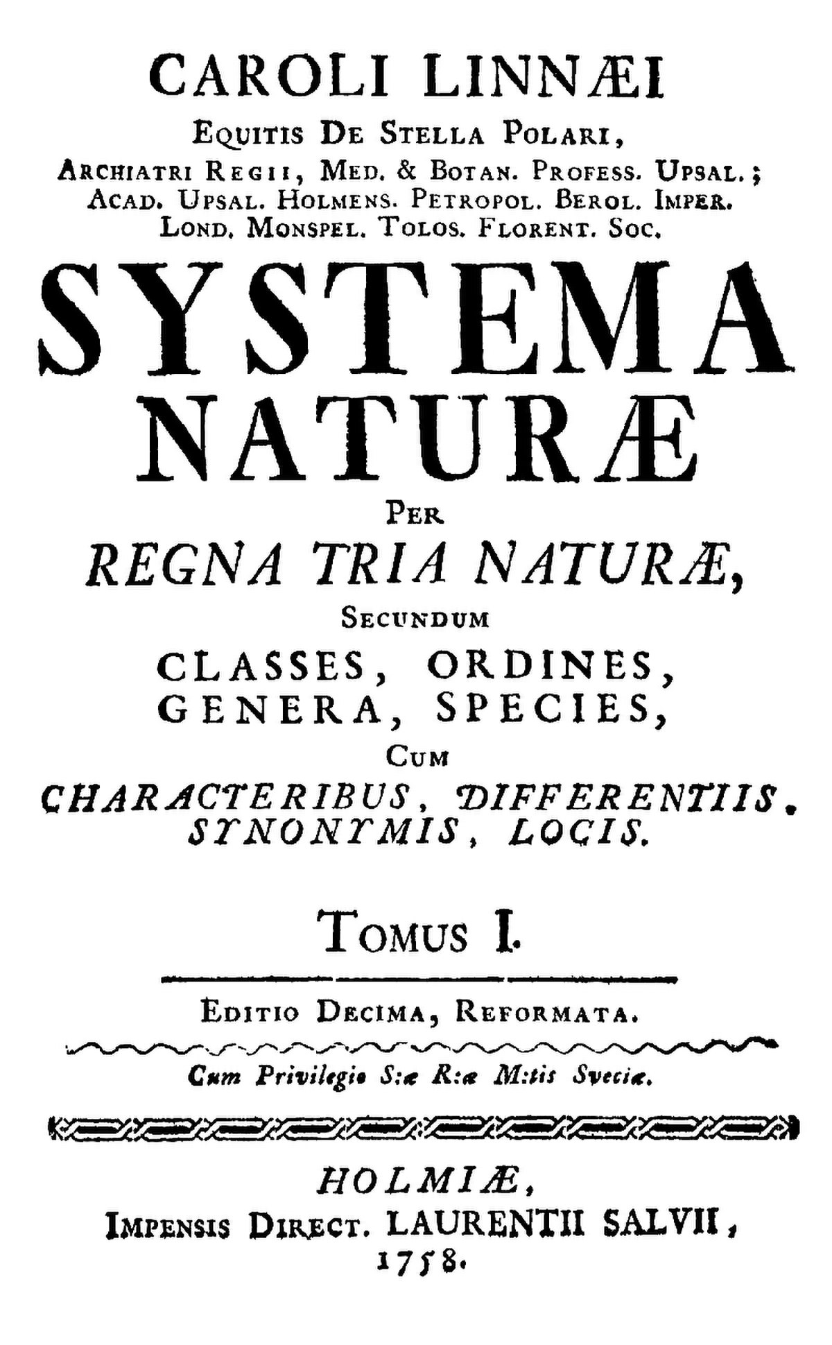 Première page du Systema Naturæ (1758)
