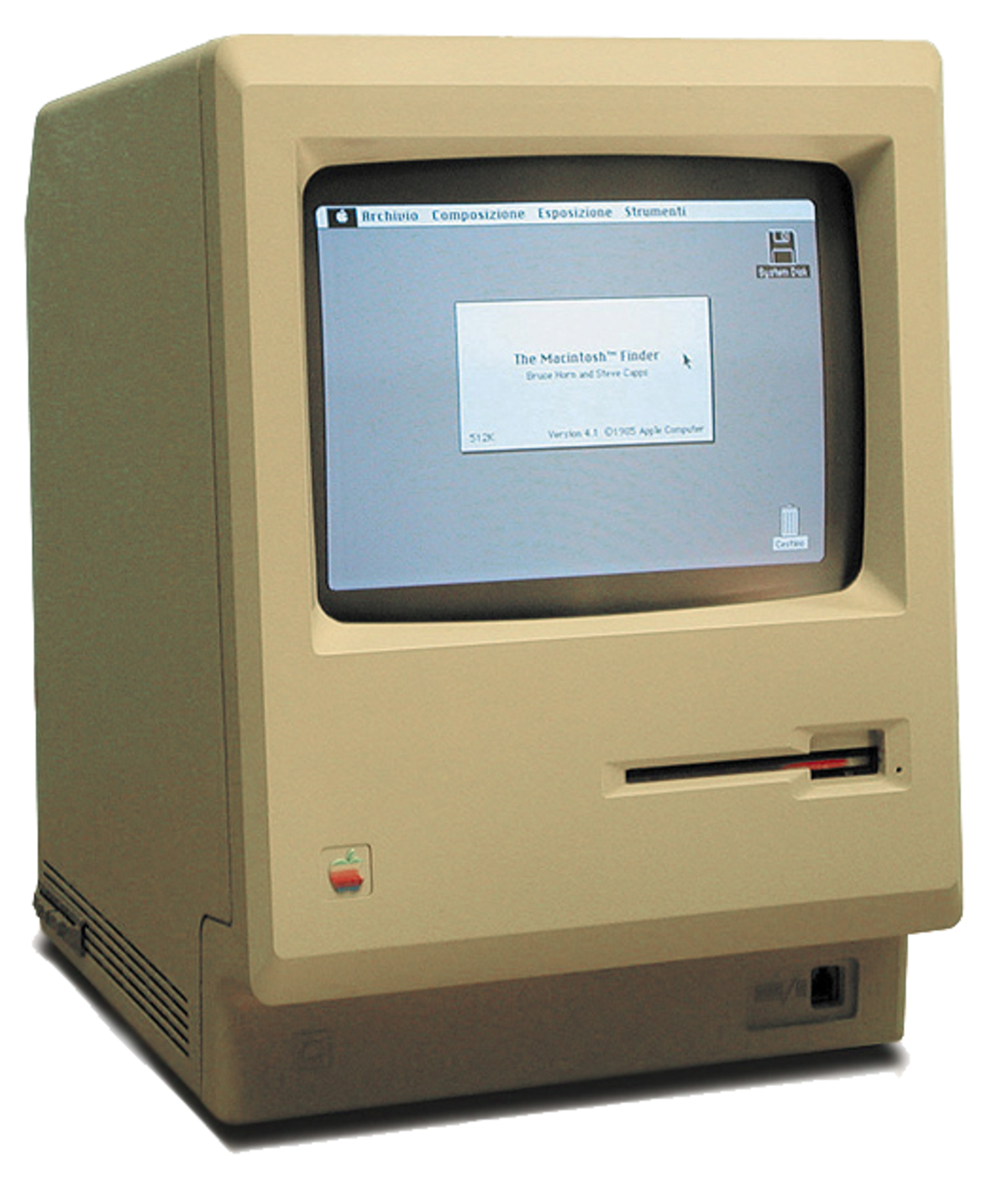 Un ordinateur beige en forme de pavé vertical, affichant quelques icônes.