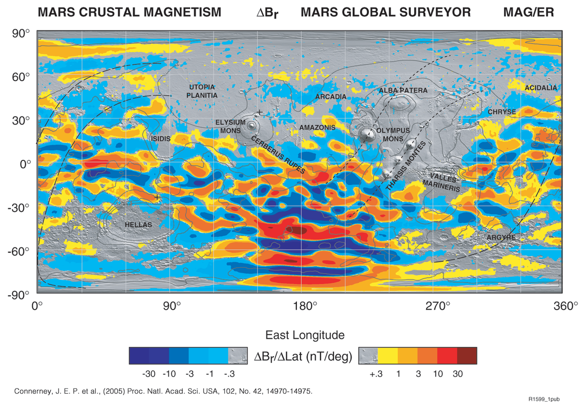 Paléomagnétisme martien mesuré par MGS au-dessusdes régions de Terra Cimmeria et de Terra Sirenum.