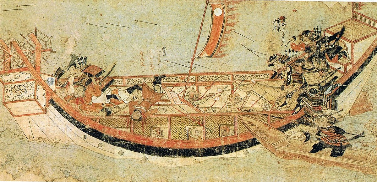 Des samouraïs japonais en train d'aborder des navires mongols en 1281