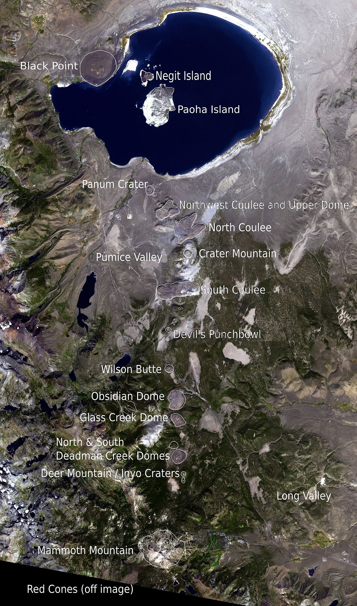 Photo satellite commentée de Mono Lake, des cratères de Mono-Inyo et de Mammoth Mountain.