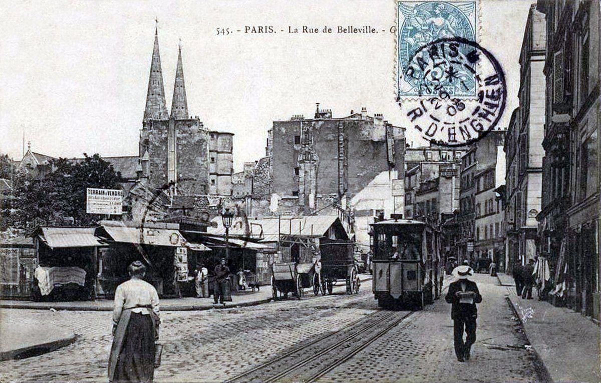 Le tramway funiculaire rue de Belleville, vers 1900.
