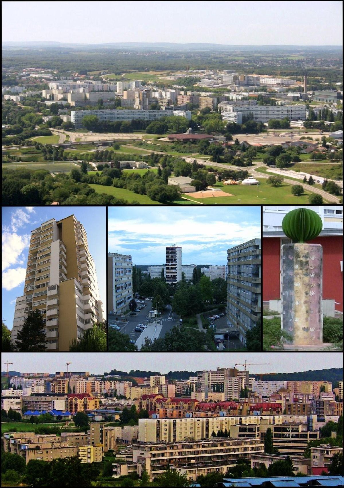 De haut en bas et de gauche à droite : Planoise depuis Rosemont, la tour de Planoise, les Époisses, la statue de la diversité et vue du quartier depuis la colline de Planoise.