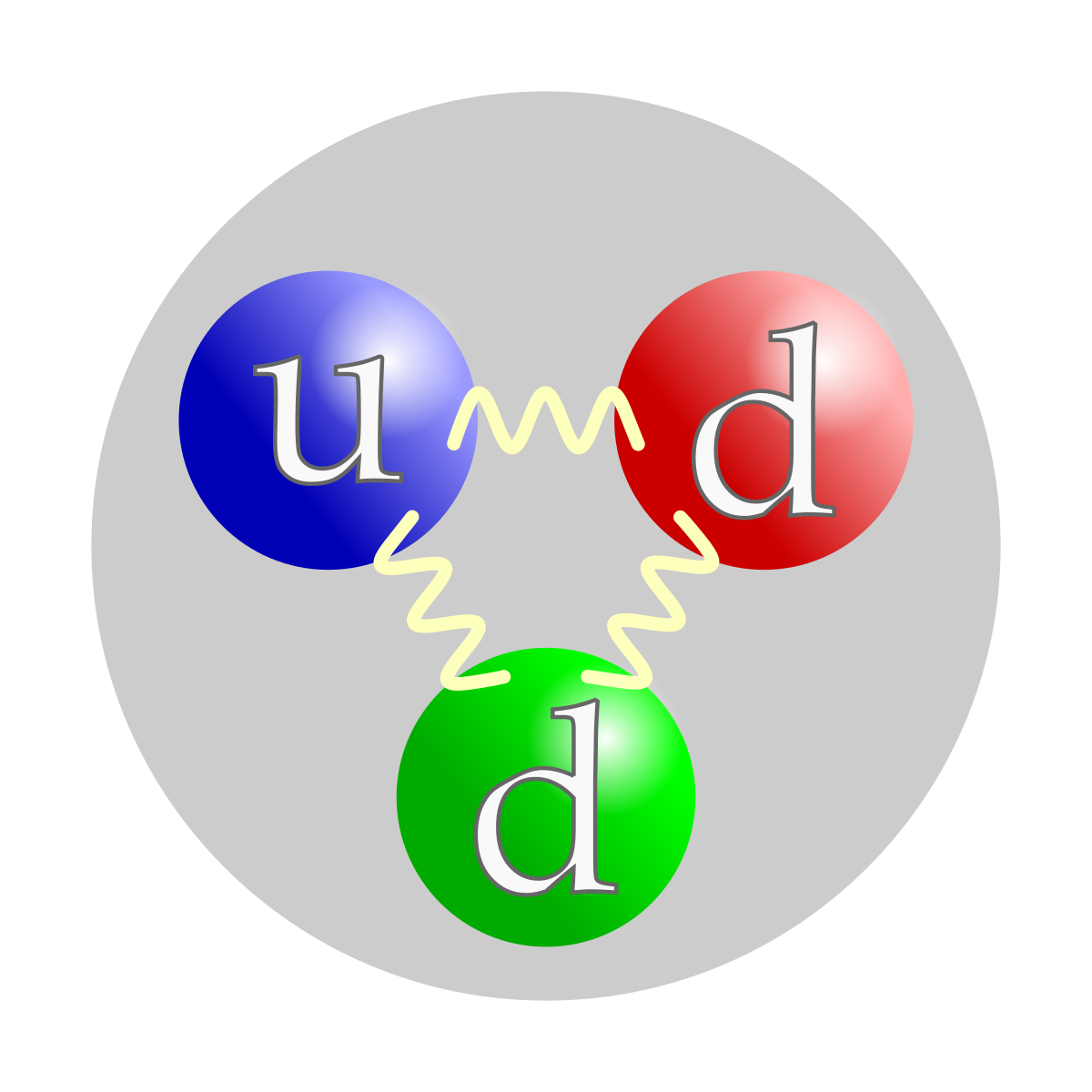 Représentation schématique de la composition en quarks d'un neutron, avec deux quarks d et un quark u. L'interaction forte est transmise par des gluons (représentés ici par un tracé sinusoïdal). La couleur des quarks fait référence aux trois types de charges de l'interaction forte : rouge, verte et bleue. Le choix de couleur effectué ici est arbitraire, la charge de couleur circulant à travers les trois quarks.