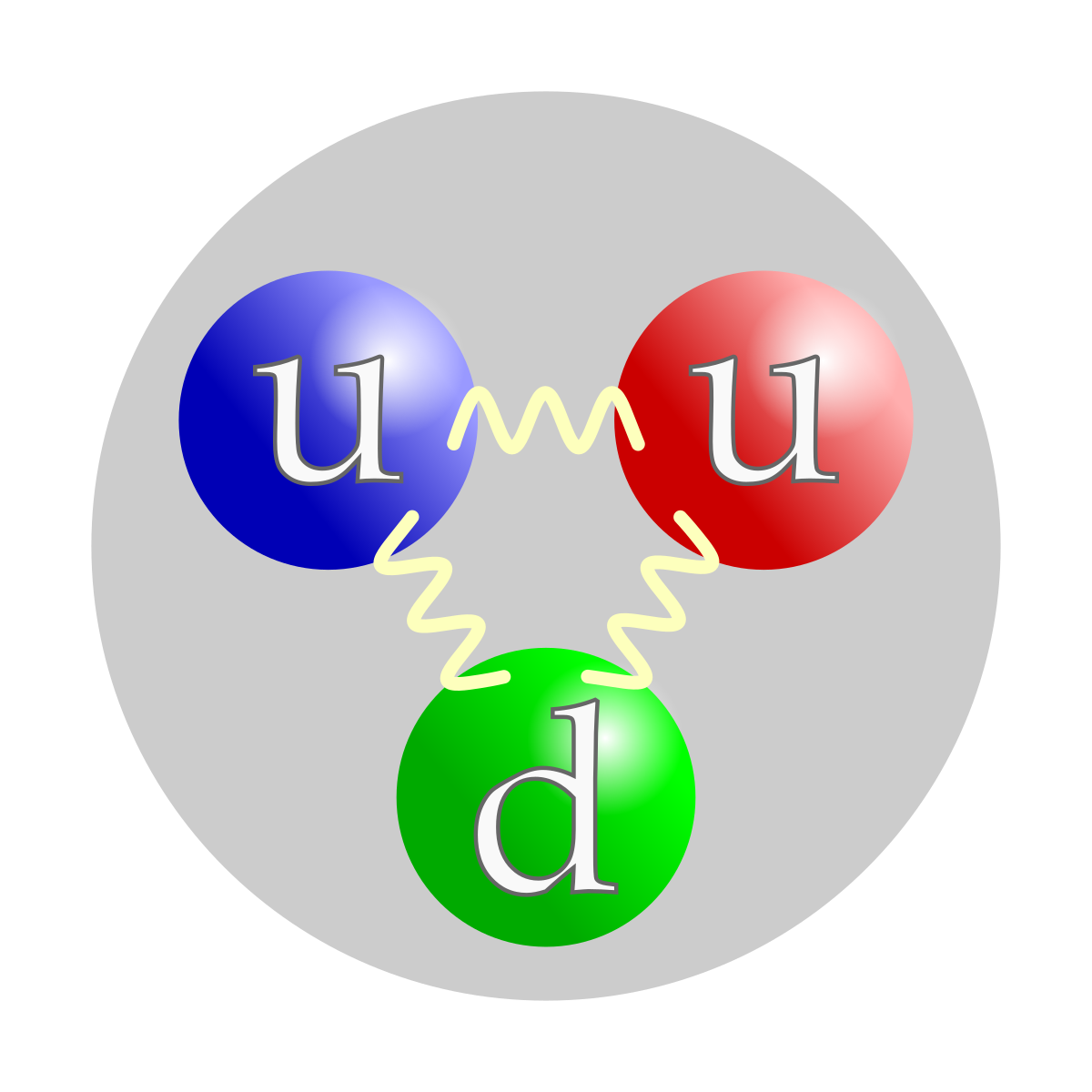 Représentation schématique de la composition en quarks de valence d'un proton, avec deux quarks u et un quark d. L'interaction forte est transmise par des gluons (représentés ici par un tracé sinusoïdal). La couleur des quarks fait référence aux trois types de charges de l'interaction forte : rouge, verte et bleue. Le choix de couleur effectué ici est arbitraire, la charge de couleur circulant à travers les trois quarks.
