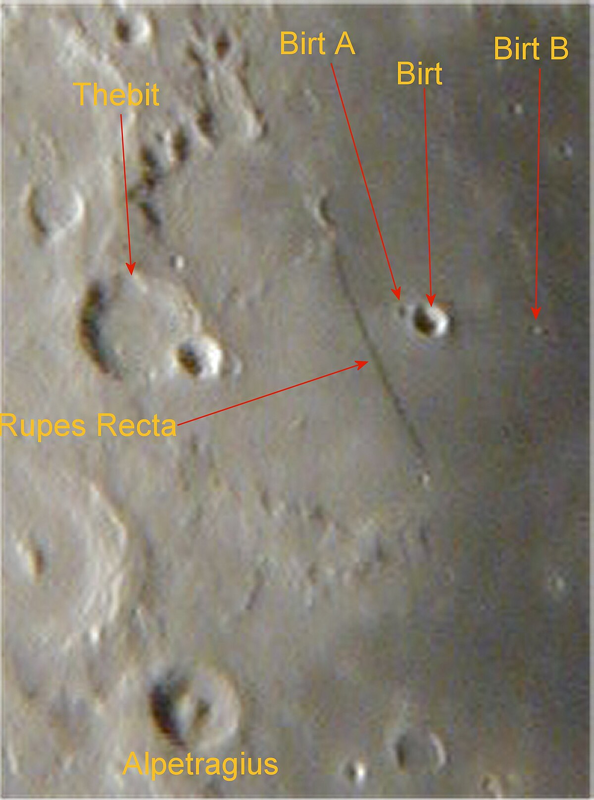 Le cratère Birt et son environnement(Vue téléscopique - directions inversées)