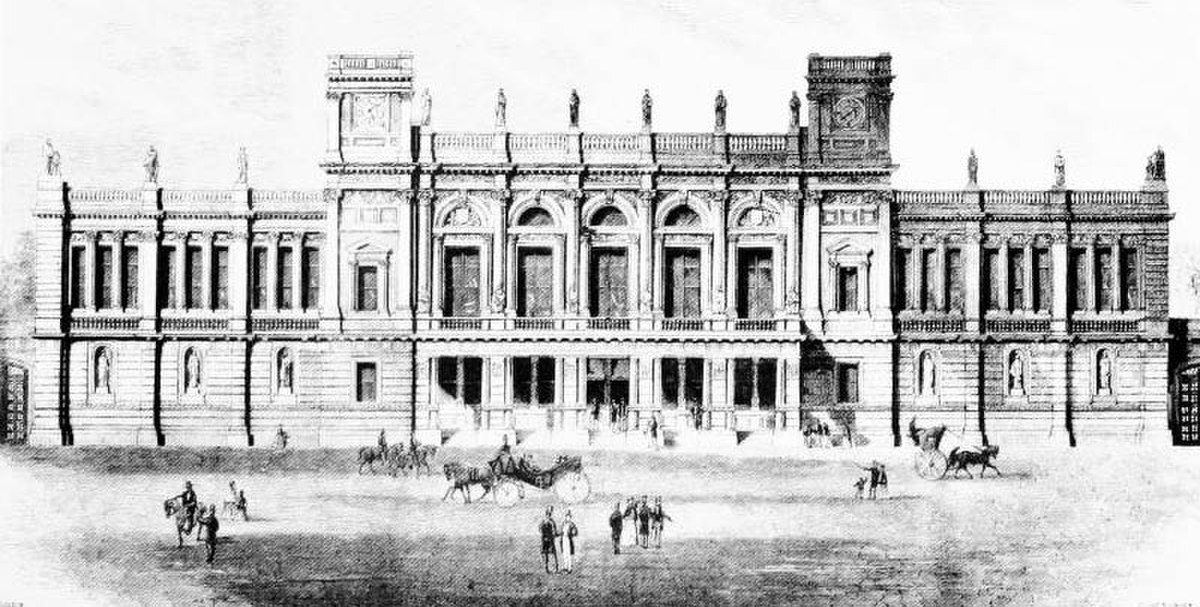 Le premier bâtiment de l'université de Londres, au 6 Burlington Gardens, devenu par la suite le musée de l'Homme, dessin de 1867.