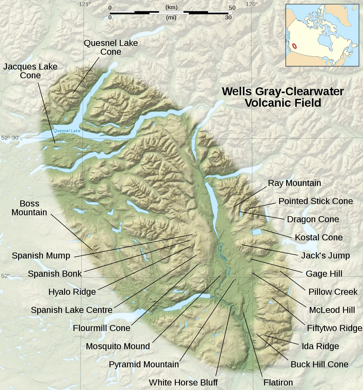 Carte du champ volcanique de Wells Gray-Clearwater.