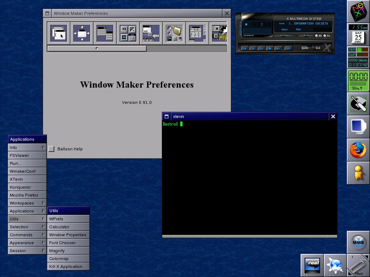 Environnement graphique traditionnel (WindowMaker) sous Linux avec un simple gestionnaire de fenêtres et une suite hétéroclite d'applications.