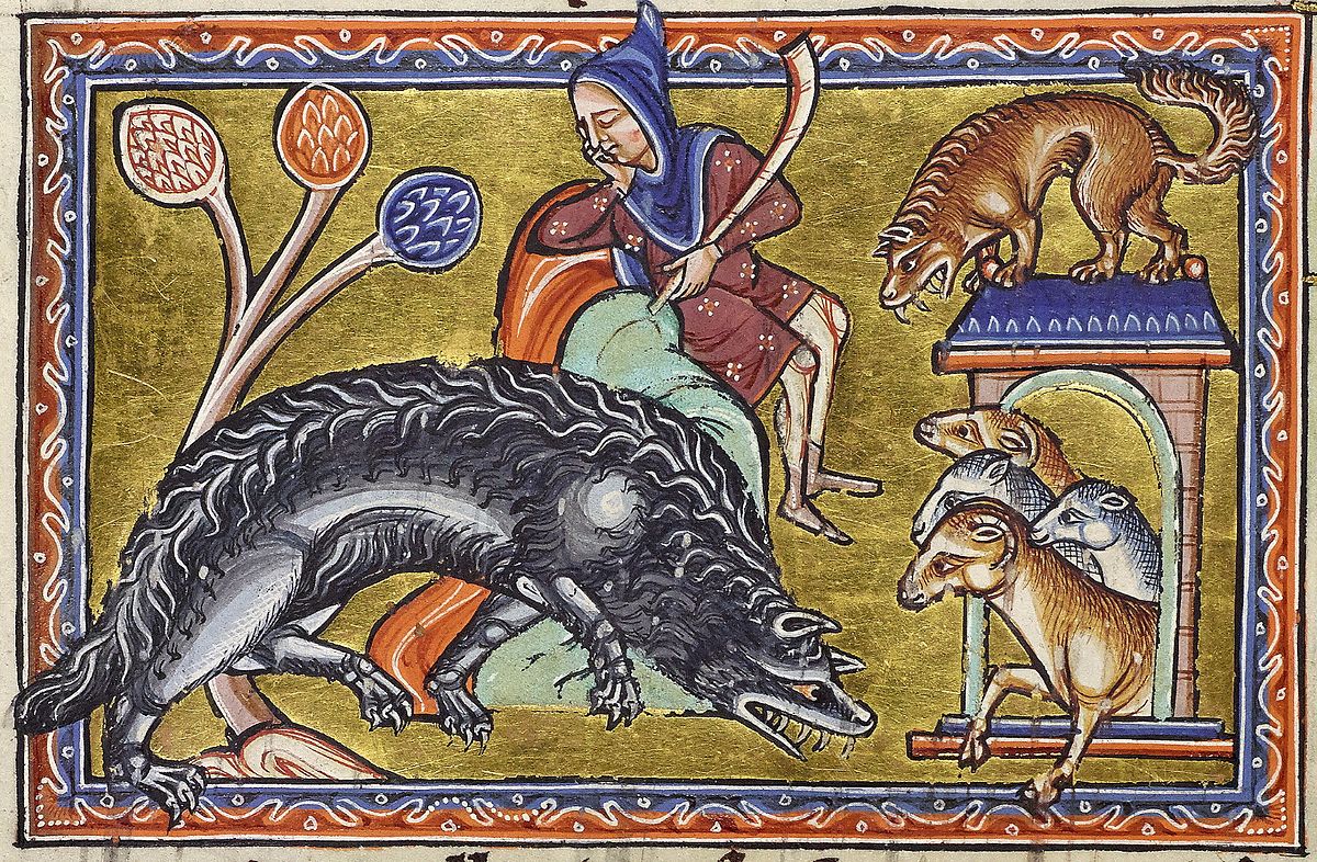 enluminure représentant deux loup attaquant une bergerie