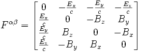 F^{\alpha\beta}=\left[\begin{matrix} 0 & -\frac{E_x}{c} & -\frac{E_y}{c} & -\frac{E_z}{c}\\ \frac{E_x}{c} & 0 & -B_z & B_y\\ \frac{E_y}{c} & B_z & 0 & -B_x\\ \frac{E_z}{c} & -B_y & B_x & 0 \end{matrix}\right]