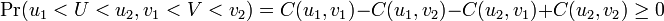 \mathcal{}\Pr(u_1<U<u_2,v_1<V<v_2)=C(u_1,v_1)-C(u_1,v_2)-C(u_2,v_1)+C(u_2,v_2)\geq0