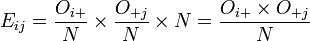 E_{ij} = \frac{O_{i+}}{N} \times \frac{O_{+j}}{N} \times N = \frac{O_{i+} \times O_{+j}}{N} 