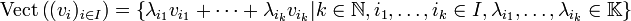  {\rm Vect}\left((v_i)_{i\in I}\right) = \left\{ \lambda_{i_1} v_{i_1} + \cdots + \lambda_{i_k} v_{i_k} | k \in \mathbb{N},  i_1, \ldots, i_k \in I, \lambda_{i_1} ,\ldots, \lambda_{i_k} \in \mathbb{K} \right\} 