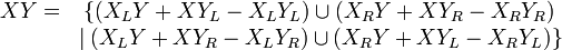 \begin{matrix} XY = & \left\{ (X_LY+XY_L-X_LY_L) \cup (X_RY+XY_R-X_RY_R) \right. \\ \ & | \left. (X_LY+XY_R-X_LY_R) \cup (X_RY+XY_L-X_RY_L) \right\} \end{matrix}