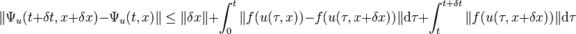 \|\Psi_u (t+\delta t,x+\delta x) - \Psi_u (t,x)\|\le \|\delta x\| + \int_0^t \| f(u(\tau,x)) - f(u(\tau,x + \delta x)) \|\mathrm d \tau+  \int_t^{t+\delta t}\|f(u(\tau,x + \delta x))\| \mathrm d \tau 