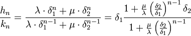 \frac {h_n}{k_n} = \frac {\lambda\cdot \delta_1^n + \mu\cdot \delta_2^n}{\lambda\cdot \delta_1^{n-1} + \mu\cdot \delta_2^{n-1}} = \delta_1 \frac{1 + \frac{\mu}{\lambda}\left(\frac{\delta_2}{\delta_1}\right)^{n-1}\delta_2}{1 + \frac{\mu}{\lambda}\left(\frac{\delta_2}{\delta_1}\right)^{n-1}}