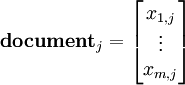 \textbf{document}_j = \begin{bmatrix} x_{1,j} \\ \vdots \\ x_{m,j} \end{bmatrix}