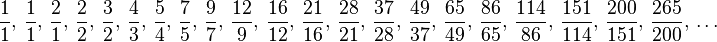 \frac 11,\, \frac 11,\, \frac 21,\, \frac 22,\, \frac 32,\,  \frac 43,\,  \frac 54,\, \frac 75 ,\, \frac 97,\, \frac {12}9,\,\frac{16}{12},\, \frac{21}{16},\,\frac{28}{21},\, \frac{37}{28},\,\frac{49}{37},\, \frac{65}{49},\,\frac{86}{65},\, \frac{114}{86},\,\frac{151}{114},\, \frac{200}{151},\,\frac{265}{200},\, \dots