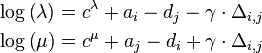 \begin{align}   & \log \left( \lambda  \right)=c^{\lambda }+a_{i}-d_{j}-\gamma \cdot \Delta _{i,j} \\   & \log \left( \mu  \right)=c^{\mu }+a_{j}-d_{i}+\gamma \cdot \Delta _{i,j} \\  \end{align}