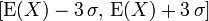 [\mathrm{E}(X) - 3\, \sigma,\, \mathrm{E}(X) + 3\, \sigma] 