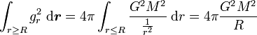 \int_{r \geq R} g_r^2 \; {\rm d} {\boldsymbol r} = 4 \pi \int_{r \leq R} \frac{G^2 M^2} \frac{1}{r^2} \; {\rm d} r = 4 \pi \frac{G^2 M^2}{R}