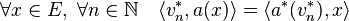 \forall x \in E,\;\forall n \in \mathbb N \quad \langle v_n^*, a(x)\rangle =\langle a^*(v_n^*), x\rangle 