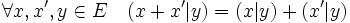\forall x,x',y \in E \quad (x+x'|y)=(x|y)+(x'|y)\,