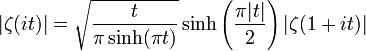 |\zeta(it)| = \sqrt{\frac{t}{\pi \sinh(\pi t)}}\sinh \left(\frac{\pi |t|}{2}\right)|\zeta(1+it)| 