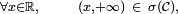 \scriptstyle\forall x\in\mathbb{R},\qquad(x,+\infty)\ \in\ \sigma (\mathcal{C}),\qquad
