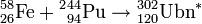  {}^{58}_{26}\mathrm{Fe}+{}^{2}{}^{44}_{94} \mathrm{Pu} \to {}^{302}_{120} \mathrm{Ubn}^{*}