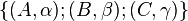 \left\{(A,\alpha);(B,\beta);(C,\gamma)\right\}