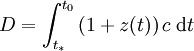 D = \int_{t_*}^{t_0} \left(1 + z(t)\right) c\;\mathrm{d} t