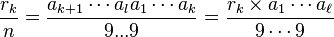 \frac{r_k}{n}=\frac{a_{k+1}\cdots a_la_1\cdots a_k}{9...9}=\frac{r_k\times a_1 \cdots a_{\ell}}{9\cdots 9}