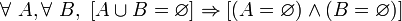 \forall\ A , \forall\ B ,\ [ A \cup B = \varnothing ] \Rightarrow [ ( A = \varnothing ) \wedge ( B = \varnothing ) ] \,