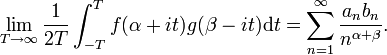 \lim_{T \rightarrow \infty}\frac1{2T}\int_{-T}^T f(\alpha+it)g(\beta-it) \mathrm dt=\sum_{n=1}^\infty{\frac{a_n b_n}{n^{\alpha+\beta}}}.\,\!