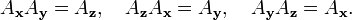   A_{\bold{x}} A_{\bold{y}} = A_{\bold{z}}, \quad  A_{\bold{z}} A_{\bold{x}} = A_{\bold{y}}, \quad  A_{\bold{y}} A_{\bold{z}} = A_{\bold{x}}. 