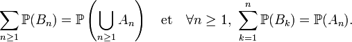 \sum_{n\ge 1}\mathbb{P}(B_n)=\mathbb{P}\left(\bigcup_{n\ge 1}A_n\right)\quad\text{et}\quad\forall n\ge 1, \ \sum_{k= 1}^n \mathbb{P}(B_k)=\mathbb{P}(A_n).