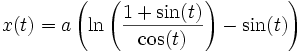 x(t) = a\left(\ln\left(\frac{1+\sin(t)}{\cos(t)}\right) - \sin(t)\right)