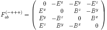 F_{ab}^{(-+++)} = \left(\begin{array}{rrrr} 0 & - E^x & - E^y & - E^z \\ E^x & 0 & B^z & - B^y \\ E^y & - B^z & 0 & B^x \\ E^z & B^y & - B^x & 0 \end{array}\right)